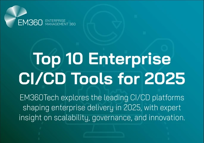 EM360Tech banner titled "Top 10 Enterprise CI/CD Tools for 2025" with text stating EM360Tech explores leading CI/CD platforms shaping enterprise delivery in 2025, highlighting scalability, governance, and innovation.