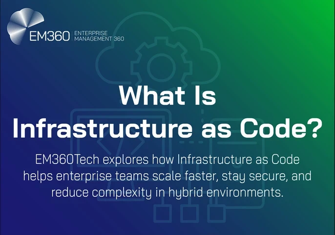 EM360Tech banner graphic titled “What Is Infrastructure as Code?”, featuring cloud and gear icons on a gradient background with a subtitle about scaling securely in hybrid environments.