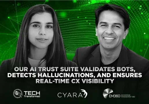 EM360Tech Tech Transformed podcast episode hosted by Shubhangi Dua, B2B Tech Journalist interviewing Rishi Rana, the CEO of Cyara about agentic ai, chatbots and real-time cx visibility