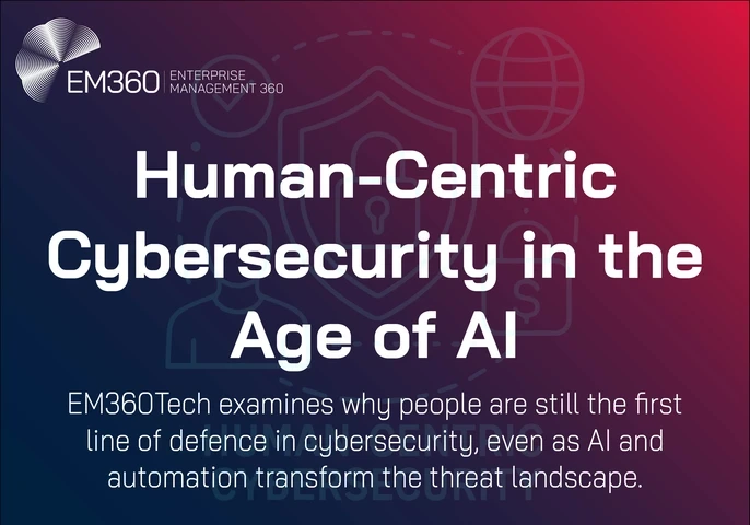Banner graphic by EM360Tech with the title “Human-Centric Cybersecurity in the Age of AI.” Subtext reads: “EM360Tech examines why people are still the first line of defence in cybersecurity, even as AI and automation transform the threat landscape.” Background features line art of a person, shield, padlock, and globe, with a blue-to-red gradient overlay.