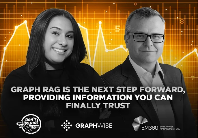 Podcast promo image for EM360Tech’s ‘Don’t Panic, It’s Just Data’ episode where Trisha Pillay interviews Andreas Blumauer about retrieval-augmented generation (RAG), Graph RAG, and enterprise AI adoption.