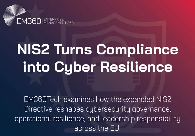 A digital banner for EM360Tech titled “NIS2 Turns Compliance into Cyber Resilience.” The background fades from navy blue to magenta with a faint padlock and shield graphic symbolising cybersecurity. The EM360Tech logo appears in the top left, and text below the title explains that the article explores how the expanded NIS2 Directive reshapes cybersecurity governance, operational resilience, and leadership responsibility across the EU.