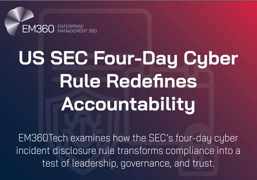 “EM360Tech cover image titled ‘US SEC Four-Day Cyber Rule Redefines Accountability.’ The design features bold white text on a dark blue-to-red gradient background with subtle vector outlines of a shield, lock, and calendar, symbolising cybersecurity disclosure and regulatory compliance.”