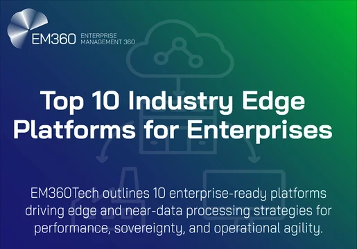 “EM360Tech visual banner with title ‘Top 10 Industry Edge Platforms for Enterprises’. Subheading reads: ‘EM360Tech outlines 10 enterprise-ready platforms driving edge and near-data processing strategies for performance, sovereignty, and operational agility’. Background includes a faint network diagram showing a cloud, data centre, and connected devices.”