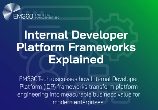 A blue and green gradient graphic titled “Internal Developer Platform Frameworks Explained.” The EM360 logo appears in the top left corner. The subtext reads: “EM360Tech discusses how Internal Developer Platform (IDP) frameworks transform platform engineering into measurable business value for modern enterprises.”