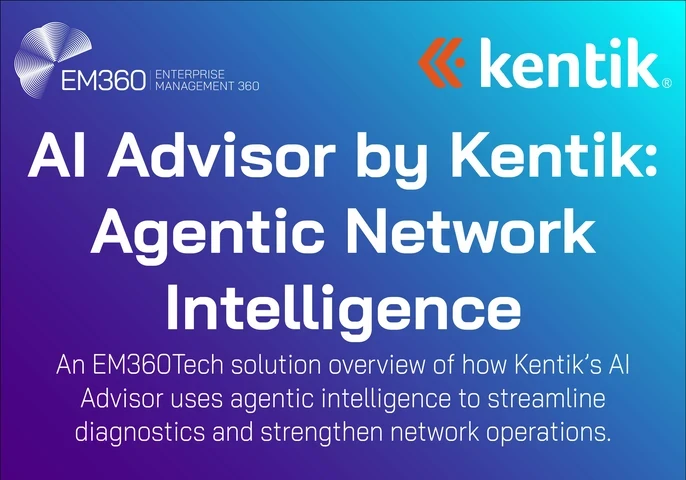 A gradient background graphic featuring the EM360Tech and Kentik logos with the title “AI Advisor by Kentik: Agentic Network Intelligence” and a subtitle explaining that the solution overview explores how Kentik’s AI Advisor uses agentic intelligence to streamline diagnostics and strengthen network operations.