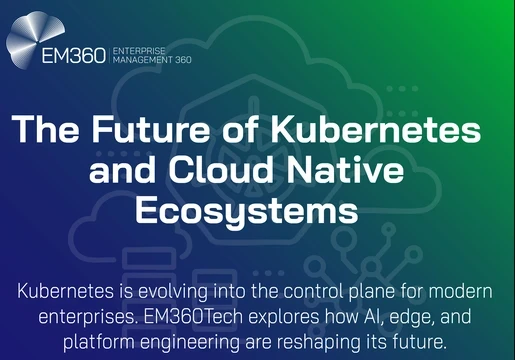 Header image for EM360Tech’s article titled “The Future of Kubernetes and Cloud Native Ecosystems.” The EM360Tech logo appears at the top left on a blue and green gradient background with faint cloud and Kubernetes icons. The text reads: “Kubernetes is evolving into the control plane for modern enterprises. EM360Tech explores how AI, edge, and platform engineering are reshaping its future.”