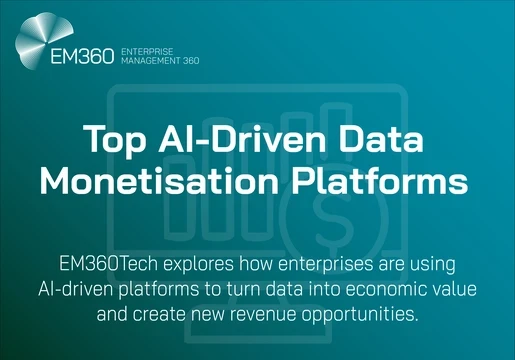 EM360Tech title graphic for the article “Top AI-Driven Data Monetisation Platforms,” highlighting how enterprises are using AI-powered platforms to turn data into economic value and create new revenue opportunities.