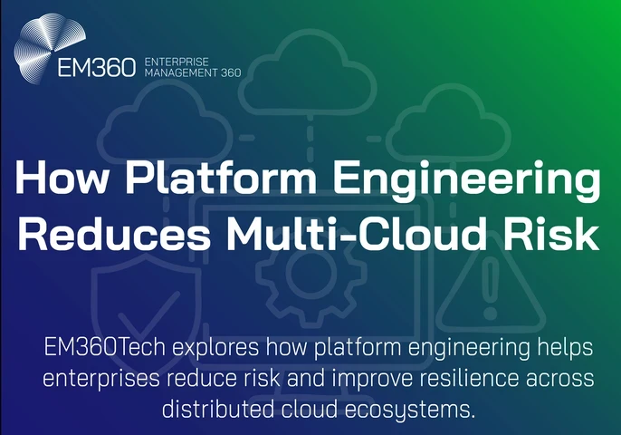 Gradient background graphic in blue and green featuring cloud, gear, shield, and warning icons in outline. The EM360Tech logo appears at the top left, with bold white text reading “How Platform Engineering Reduces Multi-Cloud Risk.” Subtext below says, “EM360Tech explores how platform engineering helps enterprises reduce risk and improve resilience across distributed cloud ecosystems.”