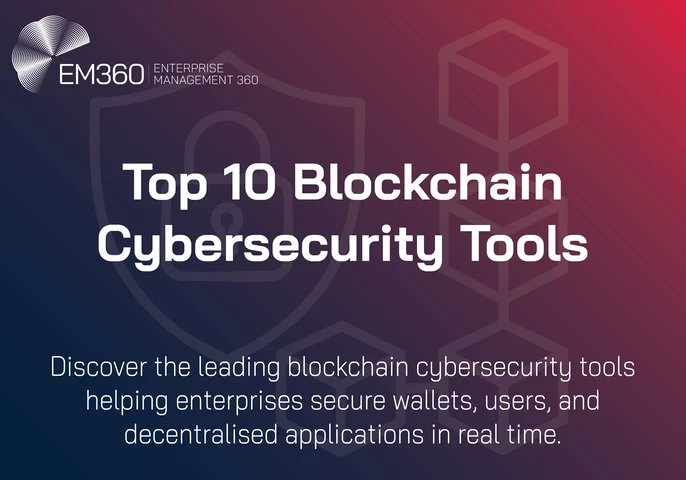 Dark gradient banner with EM360 logo in the top left and bold white title text reading “Top 10 Blockchain Cybersecurity Tools.” Background features faint line art of a padlock, shield, and interconnected cubes symbolising blockchain security. Subheading text reads: “Discover the leading blockchain cybersecurity tools helping enterprises secure wallets, users, and decentralised applications in real time.”