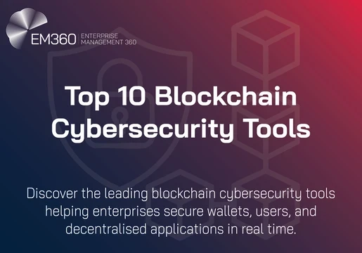 Dark gradient banner with EM360 logo in the top left and bold white title text reading “Top 10 Blockchain Cybersecurity Tools.” Background features faint line art of a padlock, shield, and interconnected cubes symbolising blockchain security. Subheading text reads: “Discover the leading blockchain cybersecurity tools helping enterprises secure wallets, users, and decentralised applications in real time.”