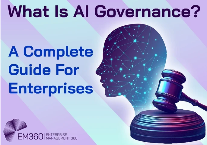 Illustration showing AI governance concepts: data management, regulatory compliance, accountability, and lifecycle oversight, with icons representing monitoring, risk, and transparency.