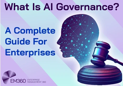 Illustration showing AI governance concepts: data management, regulatory compliance, accountability, and lifecycle oversight, with icons representing monitoring, risk, and transparency.