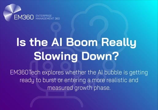 Header image with EM360Tech branding and the headline “Is the AI Boom Really Slowing Down?” set against a blue and purple gradient background with abstract AI and question mark icons, introducing an analysis of whether the AI market is cooling or entering a more measured growth phase.