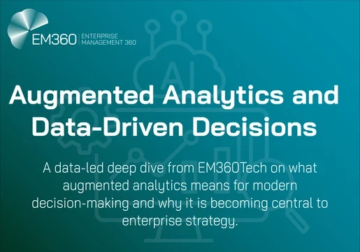 A teal gradient graphic featuring the EM360 logo at the top left and a faint line-drawn AI and analytics icon in the background. Bold white text reads “Augmented Analytics and Data-Driven Decisions,” with a smaller subtitle below describing a data-led deep dive from EM360Tech on the role of augmented analytics in modern enterprise strategy.