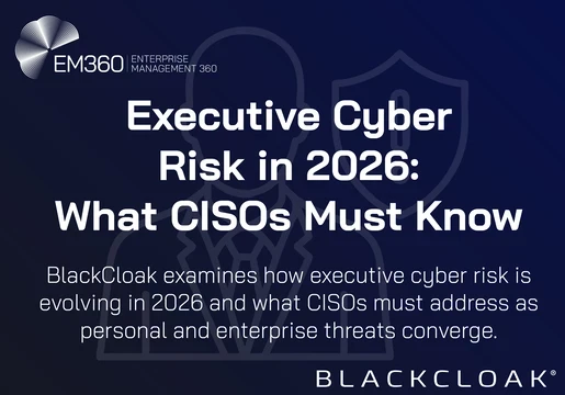 Graphic titled “Executive Cyber Risk in 2026: What CISOs Must Know,” featuring a silhouette of an executive and a shield icon, highlighting the convergence of personal and enterprise cyber threats, branded by EM360Tech and BlackCloak.