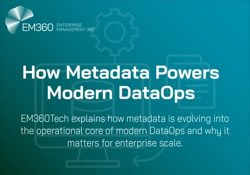A teal EM360Tech header graphic with the title “How Metadata Powers Modern DataOps” in bold white text. The subtitle below explains that metadata is evolving into the operational core of DataOps. Behind the text is a faint line-style illustration showing a gear, a database symbol and document icons to represent data and metadata workflows.