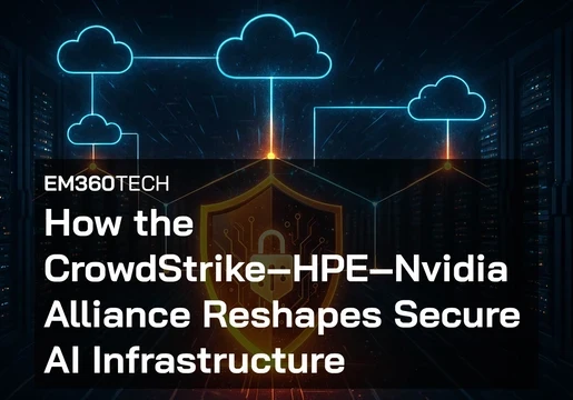 A dramatic digital illustration of a secure AI infrastructure scene with glowing cloud icons and a central orange shield inside a futuristic server room. The overlaid text reads: “How the CrowdStrike–HPE–Nvidia Alliance Reshapes Secure AI Infrastructure” with the EM360Tech label above it.