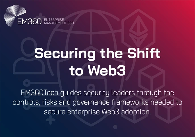 A gradient graphic in EM360Tech colours displays the headline “Securing the Shift to Web3”. Behind the text are simple line-style icons of a globe, shield with a padlock, user profile, and blockchain cubes. The EM360Tech logo appears in the top left. A subtitle reads: “EM360Tech guides security leaders through the controls, risks and governance frameworks needed to secure enterprise Web3 adoption.”