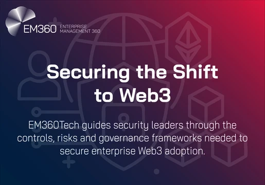 A gradient graphic in EM360Tech colours displays the headline “Securing the Shift to Web3”. Behind the text are simple line-style icons of a globe, shield with a padlock, user profile, and blockchain cubes. The EM360Tech logo appears in the top left. A subtitle reads: “EM360Tech guides security leaders through the controls, risks and governance frameworks needed to secure enterprise Web3 adoption.”