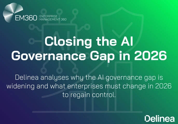 Header image for an EM360Tech article titled “Closing the AI Governance Gap in 2026”, featuring a green-to-deep purple gradient background with abstract AI circuitry, a security shield icon, and a rising bar chart, branded with Delinea and EM360Tech logos.