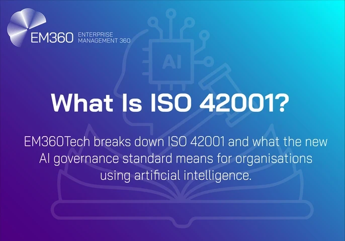 Header image with EM360Tech branding on a blue-to-purple gradient background. Large text reads “What Is ISO 42001?”. Below, a subtitle states: “EM360Tech breaks down ISO 42001 and what the new AI governance standard means for organisations using artificial intelligence.” The background includes line-style illustrations of an AI chip, a gavel, and an open book, representing artificial intelligence, regulation, and standards.