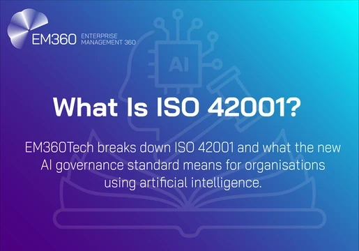 Header image with EM360Tech branding on a blue-to-purple gradient background. Large text reads “What Is ISO 42001?”. Below, a subtitle states: “EM360Tech breaks down ISO 42001 and what the new AI governance standard means for organisations using artificial intelligence.” The background includes line-style illustrations of an AI chip, a gavel, and an open book, representing artificial intelligence, regulation, and standards.
