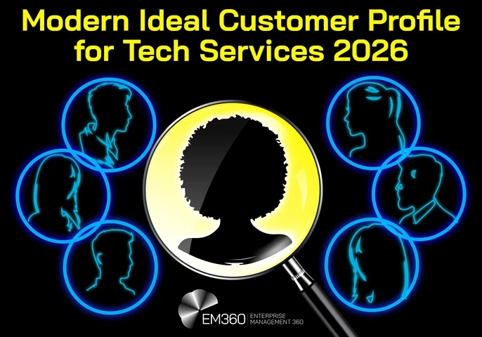 Header image with neon-style illustration titled “Modern Ideal Customer Profile for Tech Services 2026”, showing a central magnifying glass highlighting a single customer profile, surrounded by multiple outlined buyer silhouettes, with the EM360 Enterprise Management 360 logo at the bottom.