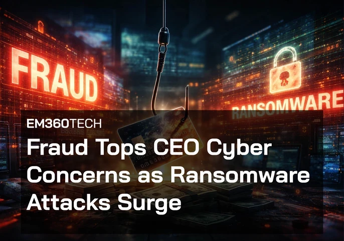 Header image with EM360Tech branding and the headline text “Fraud Tops CEO Cyber Concerns as Ransomware Attacks Surge” over a dark digital background showing a phishing hook lifting a credit card between glowing panels labelled “Fraud” and “Ransomware,” with stacks of cash below.