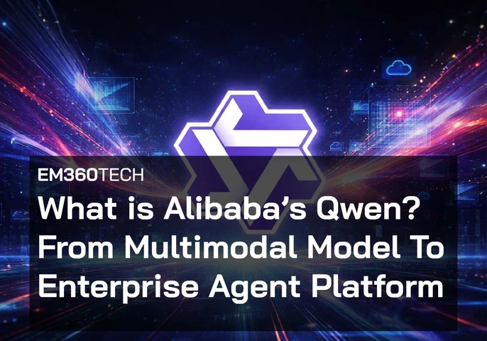 Header image for EM360Tech article titled “What is Alibaba’s Qwen? From Multimodal Model To Enterprise Agent Platform”. The graphic shows Qwen’s purple and white geometric logo glowing at the centre of a futuristic digital background filled with light trails, holographic data panels, and cloud icons. A dark translucent overlay contains the EM360Tech label and the article title in bold white text.