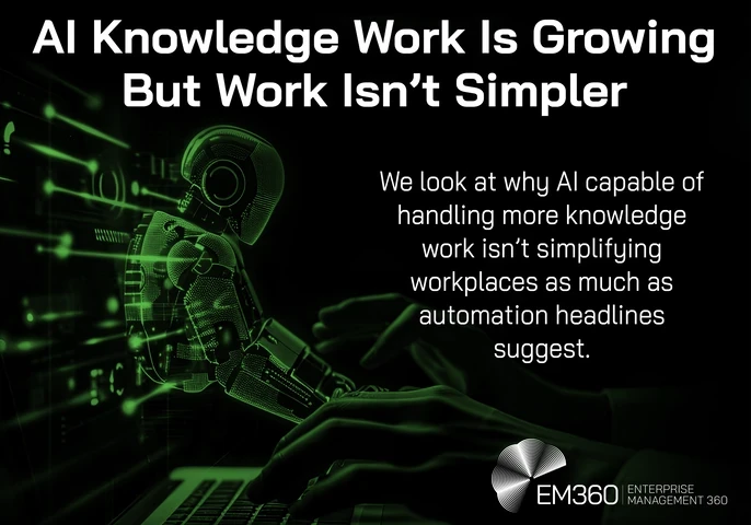 Header graphic with the title “AI Knowledge Work Is Growing But Work Isn’t Simpler.” A glowing green robotic arm reaches toward a human hand over a keyboard, representing AI and human collaboration in knowledge work. Supporting text reads that AI handling more knowledge work is not simplifying workplaces as much as automation headlines suggest. The EM360Tech logo appears in the bottom right.