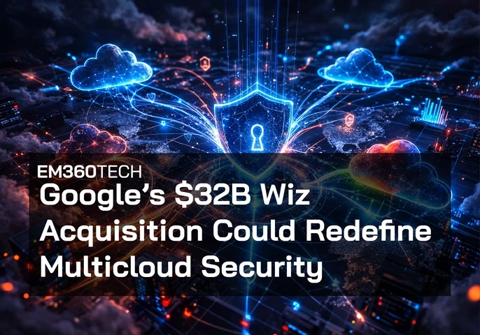 Header graphic for EM360Tech article “Google’s $32B Wiz Acquisition Could Redefine Multicloud Security.” Illustration shows a glowing digital shield with a keyhole at the centre of a cloud network, with multiple cloud icons, data connections, and security symbols linking across a global digital infrastructure background.