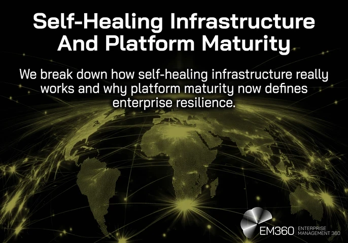 Black and gold EM360Tech graphic showing a connected global network map. Large heading reads “Self-Healing Infrastructure And Platform Maturity” with subtext “We break down how self-healing infrastructure really works and why platform maturity now defines enterprise resilience.” EM360Tech logo in bottom right.