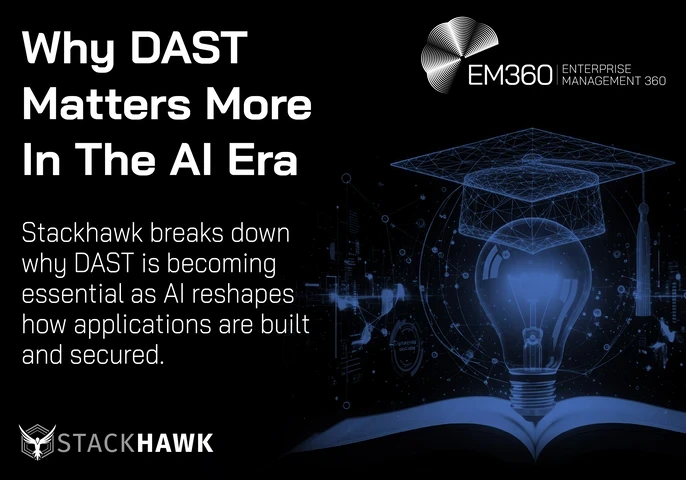 Black background with large white text reading “Why DAST Matters More In The AI Era” on the left, and smaller text explaining that StackHawk breaks down why DAST is becoming essential as AI reshapes application security. On the right, a glowing blue digital lightbulb sits above an open book, with a wireframe graduation cap floating above it, symbolising learning and AI. EM360 logo appears at the top right and StackHawk logo at the bottom left.