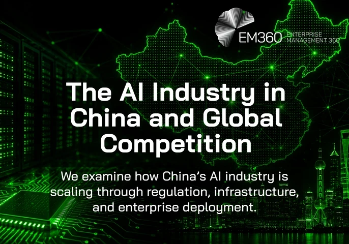 EM360Tech graphic titled “The AI Industry in China and Global Competition.” The image features a glowing neon green map of China connected by digital network lines against a mostly black background. A green-lit server rack appears on the left, a microchip and circuit board design spans the bottom, and a futuristic city skyline appears on the right. Subtitle text reads: “We examine how China’s AI industry is scaling through regulation, infrastructure, and enterprise deployment.” The EM360 Enterprise Manageme