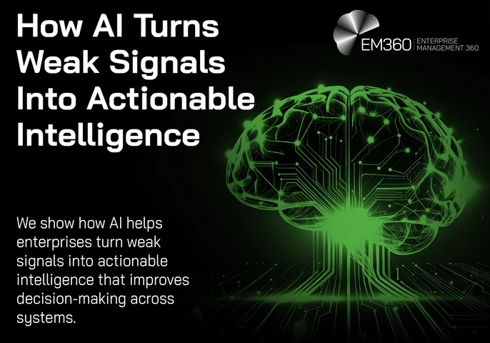 Header graphic for an EM360Tech article titled “How AI Turns Weak Signals Into Actionable Intelligence.” The design features a glowing green digital brain made of circuitry on a black background, symbolising artificial intelligence, pattern recognition, and connected data systems. The EM360 logo appears in the top right corner. Subtitle text reads: “We show how AI helps enterprises turn weak signals into actionable intelligence that improves decision-making across systems.”