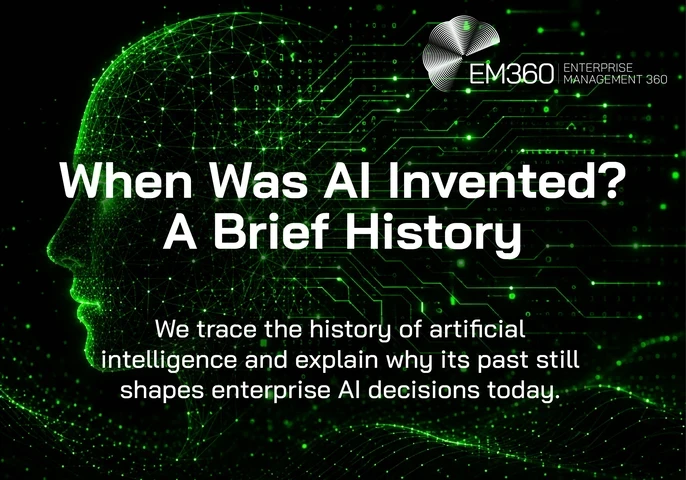 Header graphic showing a glowing green wireframe human face in profile on the left, made from interconnected dots and lines. Green circuit-board patterns and digital connections extend across a black background. Large white text reads 'When Was AI Invented? A Brief History', with a subtitle explaining that the article traces the history of artificial intelligence and its influence on enterprise AI decisions today. The EM360 Enterprise Management 360 logo appears in the top right corner.