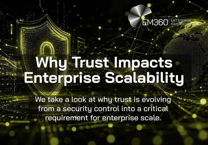 Header graphic for an EM360Tech article titled &ldquo;Why Trust Impacts Enterprise Scalability.&rdquo; The image has a black background with glowing olive green network lines, floating data nodes, and flowing digital wave patterns. On the left is a large illuminated shield with a padlock symbol representing cybersecurity and trust. On the right is a dotted digital globe focused on Europe and Africa. The EM360 Enterprise Management 360 logo appears at the top right. Large white headline text reads &ldquo;Why Trust Impacts Ent