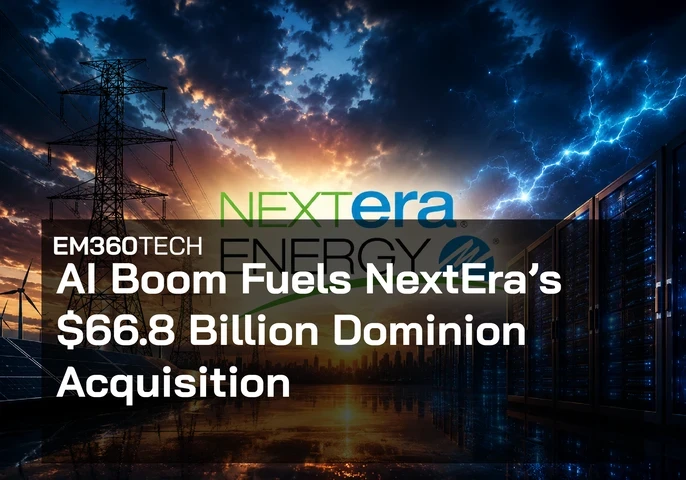 Header graphic for EM360Tech article about NextEra Energy&rsquo;s Dominion acquisition. The image shows a dramatic energy and AI infrastructure scene with power lines, wind turbines, solar panels, lightning, and a large data centre server hall under a stormy sky. The NextEra Energy logo appears in the centre background. Overlaid text reads: &ldquo;AI Boom Fuels NextEra&rsquo;s $66.8 Billion Dominion Acquisition&rdquo; with EM360Tech branding in the top left corner.