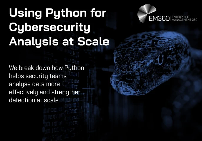 Header graphic for an EM360Tech article titled “Using Python for Cybersecurity Analysis at Scale.” The image shows a dark blue and black cybersecurity-themed background with lines of code and a close-up of a python snake on the right side. The EM360 Enterprise Management 360 logo appears in the top right corner, with subtitle text explaining how Python helps security teams analyse data more effectively and strengthen detection at scale.
