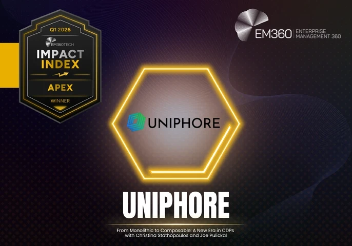 EM360Tech Impact Index Q1 2026 Apex Award winner graphic showing Uniphore logo inside a highlighted hexagon, labelled “Apex Winner,” with the podcast title “From Monolithic to Composable: A New Era in CDPs” and EM360Tech branding on a dark gradient background.