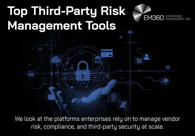 EM360Tech graphic titled “Top Third-Party Risk Management Tools” showing a glowing digital padlock hovering above an outstretched hand, surrounded by connected icons representing cloud services, finance, identity, procurement, analytics, and enterprise systems on a dark blue and black technology background. Text reads: “We look at the platforms enterprises rely on to manage vendor risk, compliance, and third-party security at scale.”