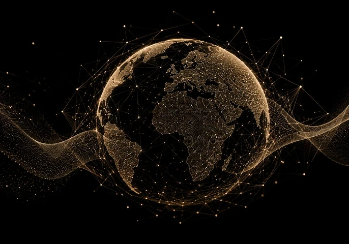 Header graphic for an EM360Tech article titled "Web3 Industry Growth 2026: Enterprise Adoption Rises". A glowing digital globe centred on Europe and Africa is formed from interconnected beige-gold data points and network lines against a black background. Flowing particle waves cross the foreground, symbolising global connectivity, tokenisation, and enterprise Web3 infrastructure.