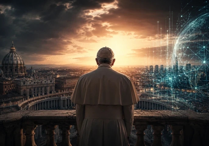 Header graphic showing Pope Leo XIV from behind, standing on a balcony overlooking Rome at sunset. St Peter’s Basilica appears on the left beneath dark storm clouds, while a glowing digital globe made of interconnected data points and network lines fills the right side of the image. The scene contrasts traditional religious authority with modern technology and artificial intelligence, with the article title "What Everyone Is Missing About Pope Leo's Warning on Technology" displayed across the centre.