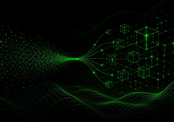 EM360Tech header graphic with a black background, bright green digital wave patterns flowing across the bottom and centre, and glowing green geometric cubes connected by network lines on the right. White title text reads “How To Choose The Right Machine Learning Model” with a subtitle explaining how machine learning models can be matched to business goals, data realities, and operational requirements. The EM360 logo appears in the top right corner.