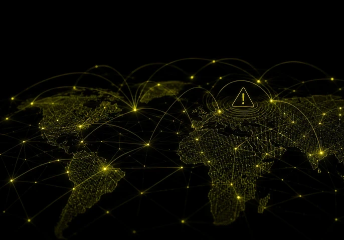 EM360Tech header graphic showing a global digital network map on a black background with olive-coloured connection lines and nodes. A warning symbol appears within the network, illustrating the risk of digital infrastructure failures spreading across interconnected systems. Text reads: "When Digital Infrastructure Failures Become Business Risks" with the subtitle: "We look at why understanding dependency chains is becoming just as important as preventing infrastructure failures."