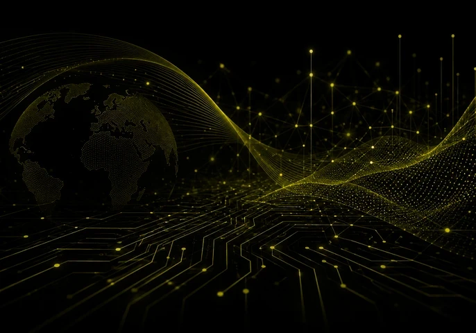 Header graphic for the EM360Tech article "Why Accessibility Is An Infrastructure Question". A glowing olive digital network overlays a black background with a dotted globe, flowing data lines, and circuit board patterns, representing resilient, connected infrastructure. The subtitle reads: "We look at why accessibility is moving beyond compliance and becoming a core part of infrastructure resilience and service delivery."
