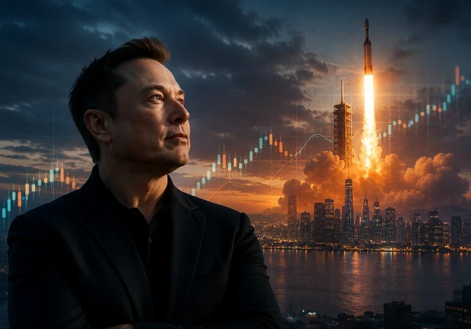 graphic for an EM360Tech article titled “SpaceX IPO Sends Elon Musk Past $1 Trillion.” A large portrait of Elon Musk dominates the left side of the image, looking upward against a dark, dramatic sky. On the right, a rocket launches from a pad with bright orange flames and smoke, rising above a city skyline at dusk. Transparent stock market candlestick charts and trend lines are overlaid across the scene, symbolising financial growth and investor activity. The article title appears in large white text 