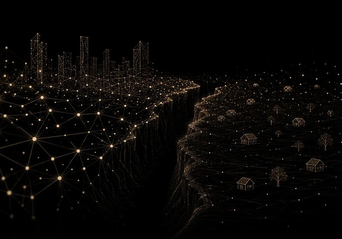 EM360Tech article header showing a connected digital landscape in beige-gold lines and glowing nodes against a black background. A dense, illuminated city skyline on the left is linked through a network grid to scattered homes and rural areas on the right, illustrating unequal digital access and connectivity. The headline reads: “Why Emerging Technology Could Widen The Digital Divide”, with a subtitle explaining how AI, cloud platforms, digital identity, and emerging technologies could create new forms of d