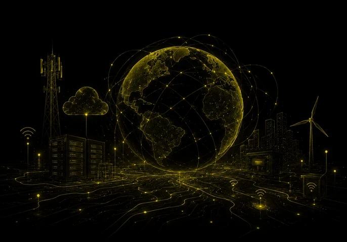 EM360Tech header graphic showing a glowing digital globe connected by network pathways and data points against a black background. A telecommunications tower, cloud computing icon, server infrastructure, and city skyline surround the globe, representing the systems that enable global connectivity. 